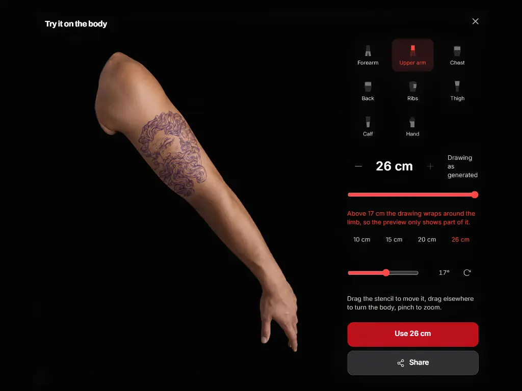 A stencil placed on a 3D model of an arm