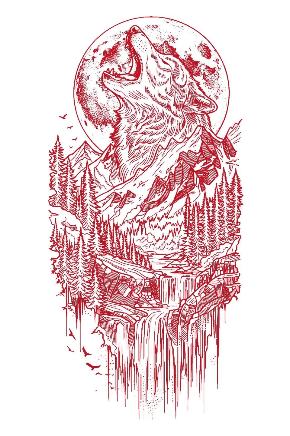 Stencil Engraving: Wolf and waterfall